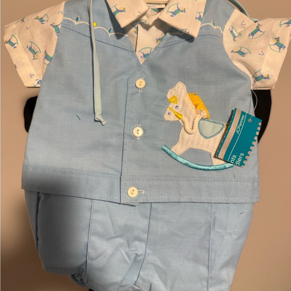 Vintage 80s Mayfair Baby Outfit Rocking Horse Romper Set Newborn